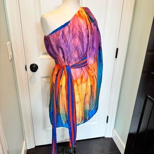 Anthropologie Farm Rio Multicolor One-Shoulder Mini Dress